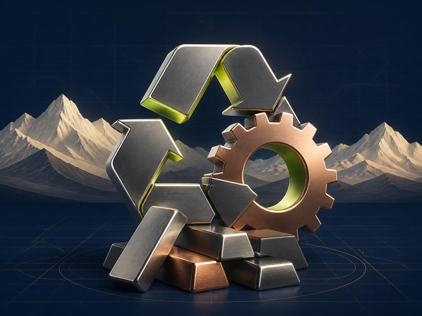 Sculptural recycling symbol and metal ingots with mountains